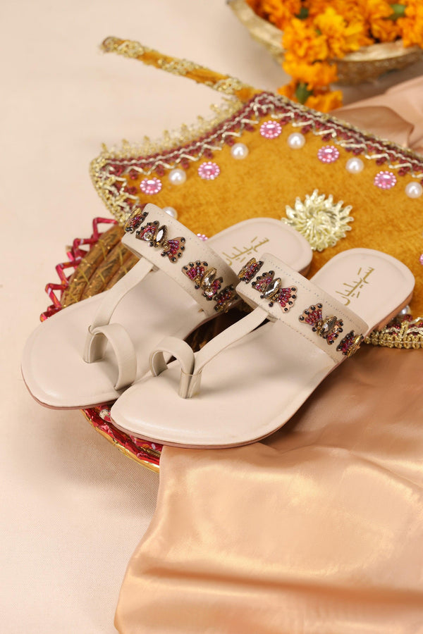 soft White, beautifully adorned with vibrant Multicolor Butterfly Embroidery kohlapuri jutti for women