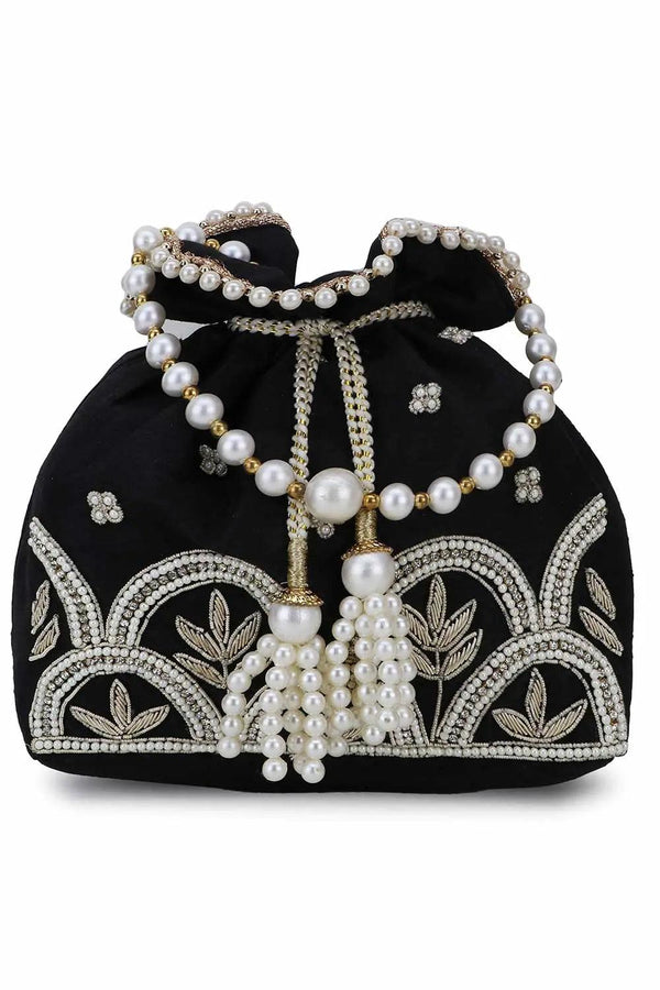 Black, White And Gold Faux Silk Ethnic Embellished Potli - Saheliyan (سہیلیاں)