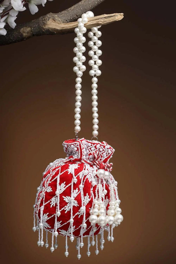 Droop Red And White Pearl Embellished Velvet Potli - Saheliyan (سہیلیاں)