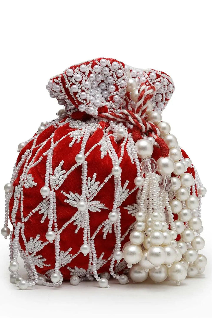 Droop Red And White Pearl Embellished Velvet Potli - Saheliyan (سہیلیاں)