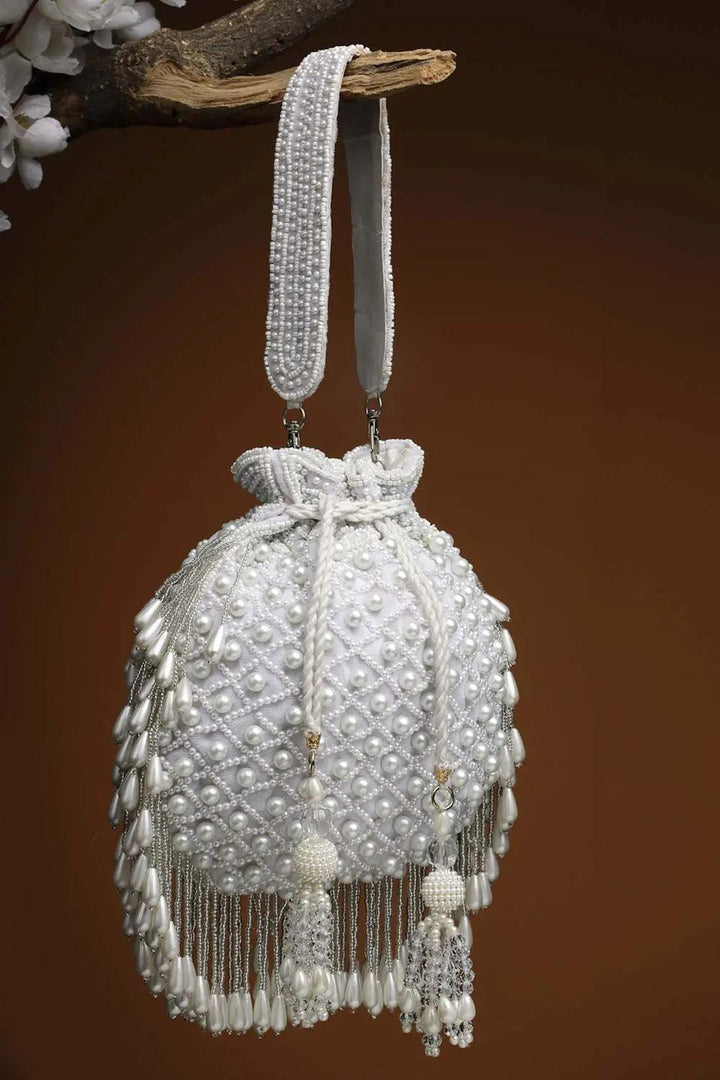 Droop White Pearl Embellished Velvet Potli - Saheliyan (سہیلیاں)