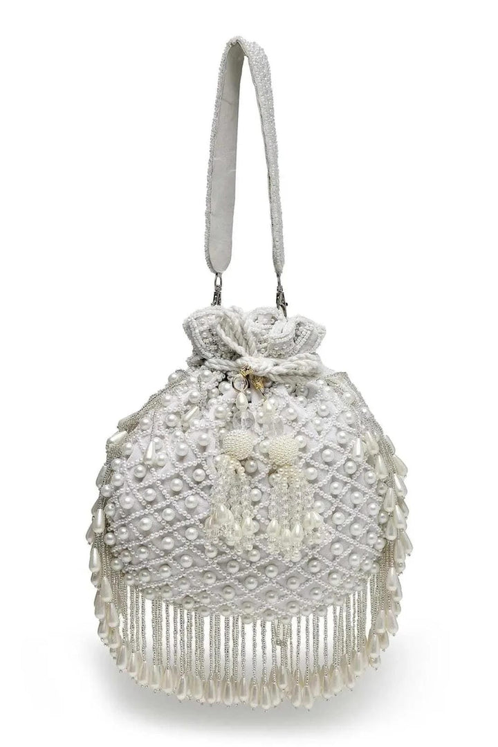 Droop White Pearl Embellished Velvet Potli - Saheliyan (سہیلیاں)