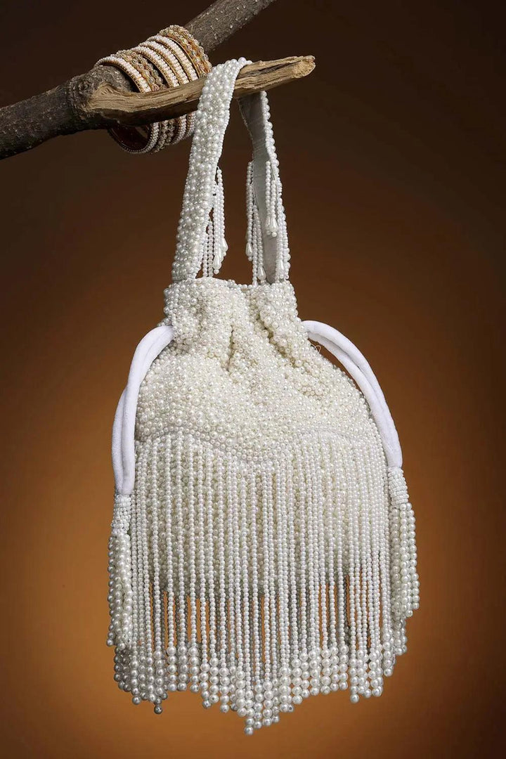 Droop Off White Pearl Embellished Velvet Potli - Saheliyan (سہیلیاں)