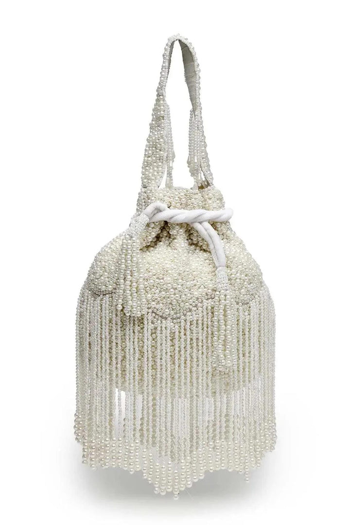 Droop Off White Pearl Embellished Velvet Potli - Saheliyan (سہیلیاں)