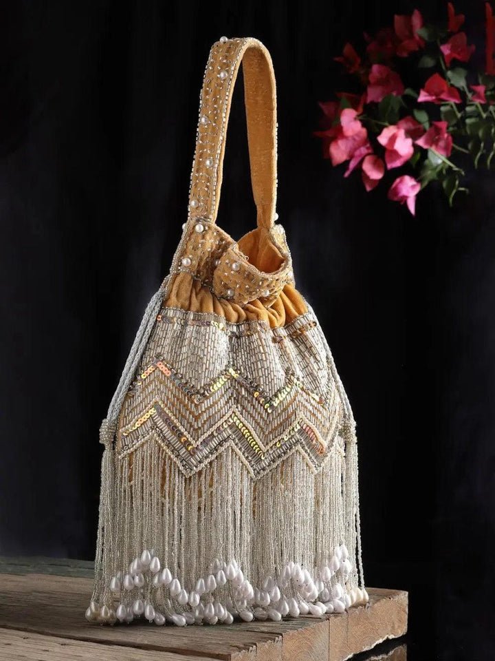 Beige Velvet Chevron Embellished Potli - Saheliyan (سہیلیاں)