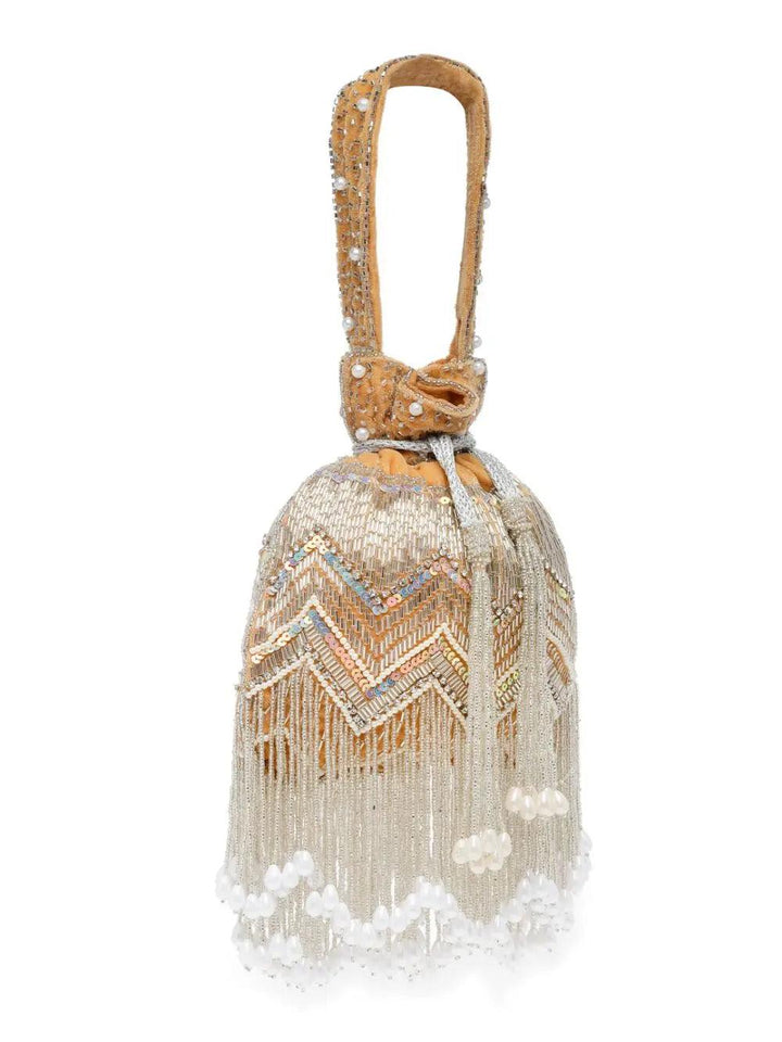 Beige Velvet Chevron Embellished Potli - Saheliyan (سہیلیاں)