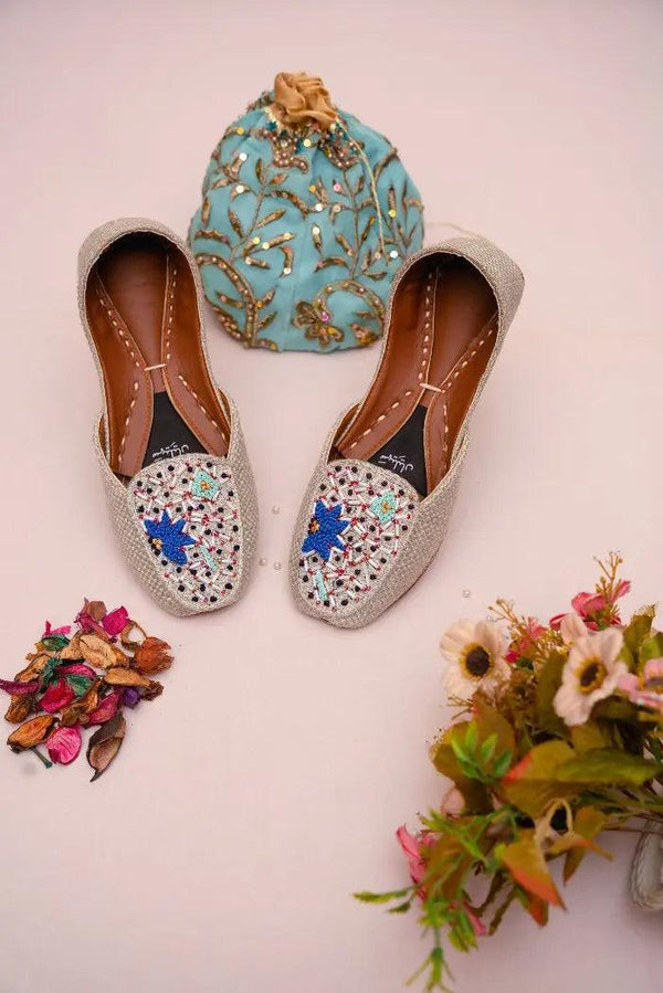 royal blue and sky blue thread work and colorful beads off white loafer khussa In Pakistan