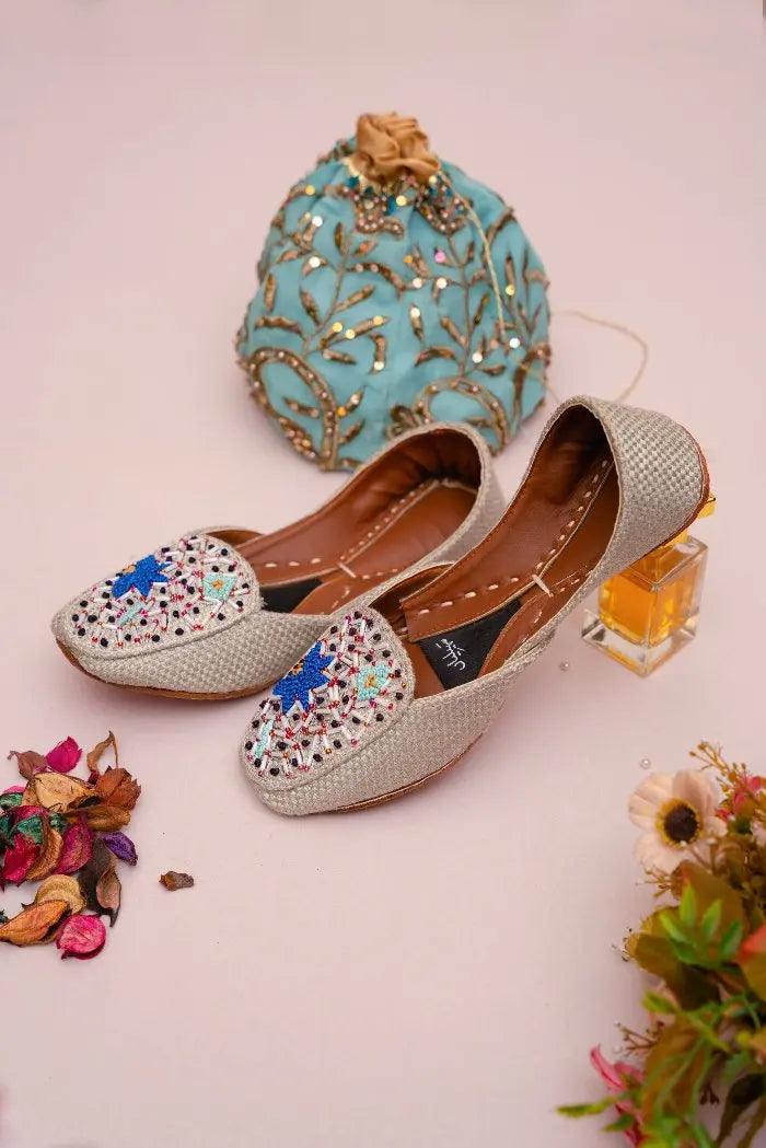 royal blue and sky blue thread work and colorful beads off white loafer khussa In Pakistan