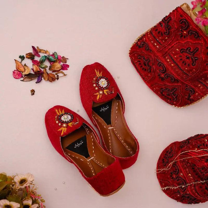 yellow thread work with white pearls red loafer khussa for women