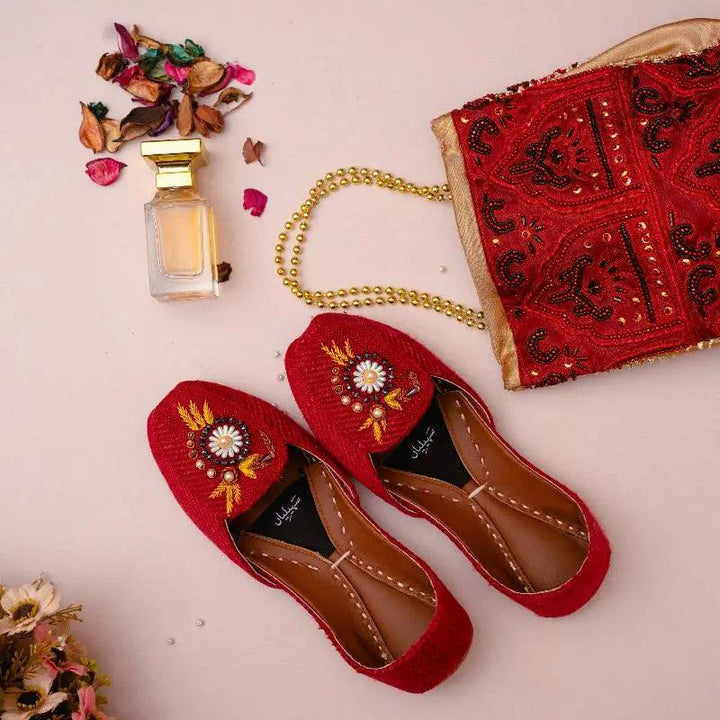 yellow thread work with white pearls red loafer khussa for women