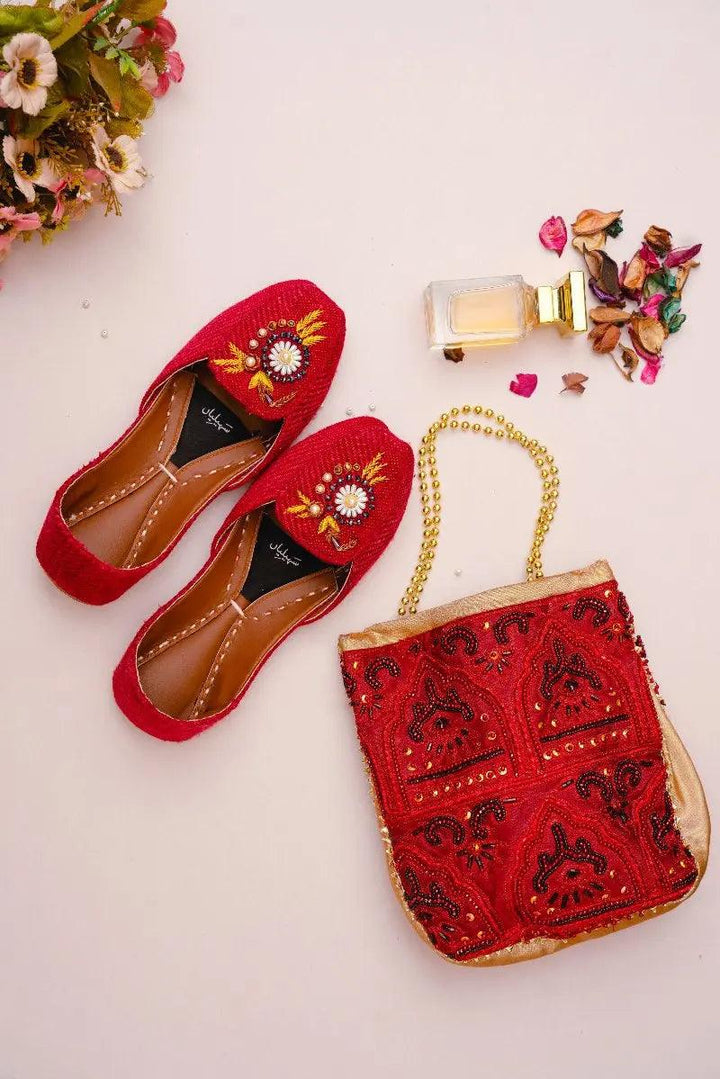 yellow thread work with white pearls red loafer khussa for women