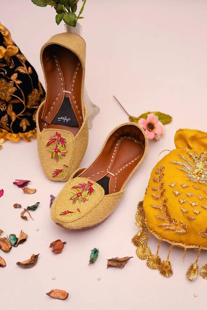  pink and green threads and beads work golden loafer khussa for women