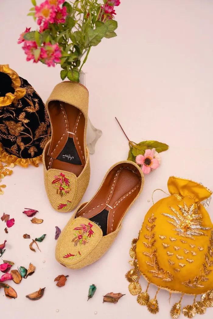  pink and green threads and beads work golden loafer khussa for women