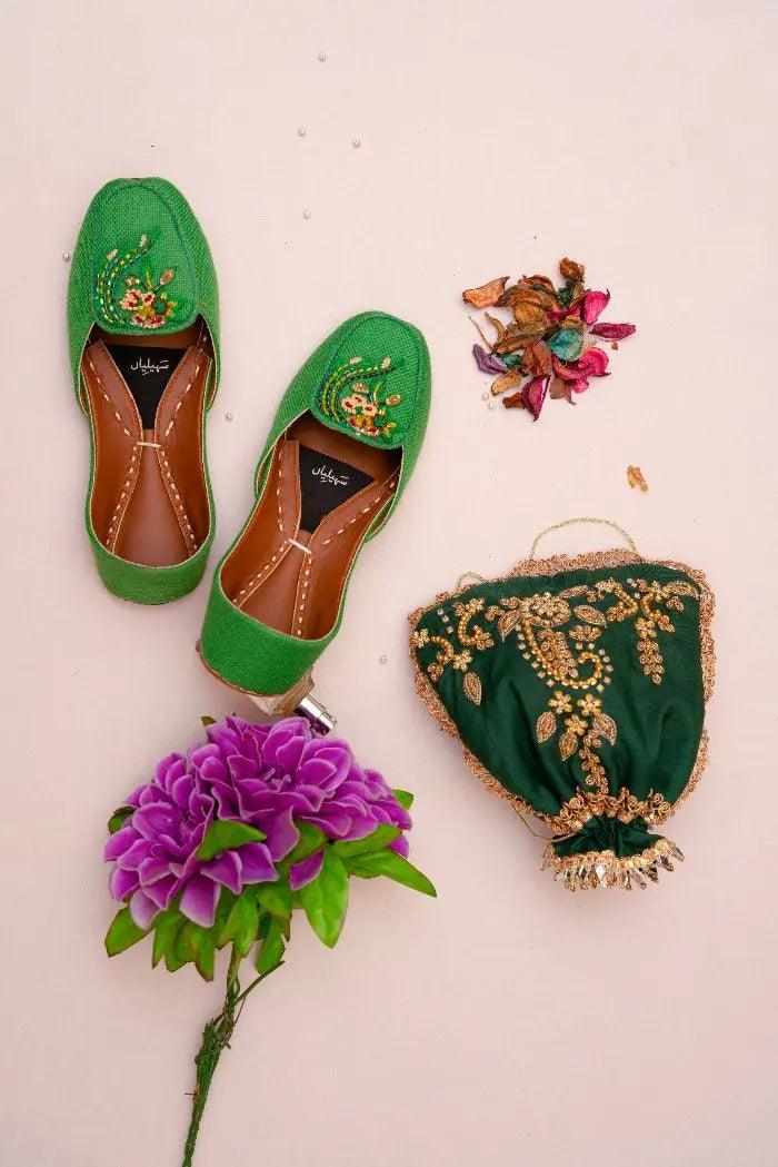 Buy lush green thread work with radiant green, yellow, and red cut dana Green loafer khussa in Pakistan