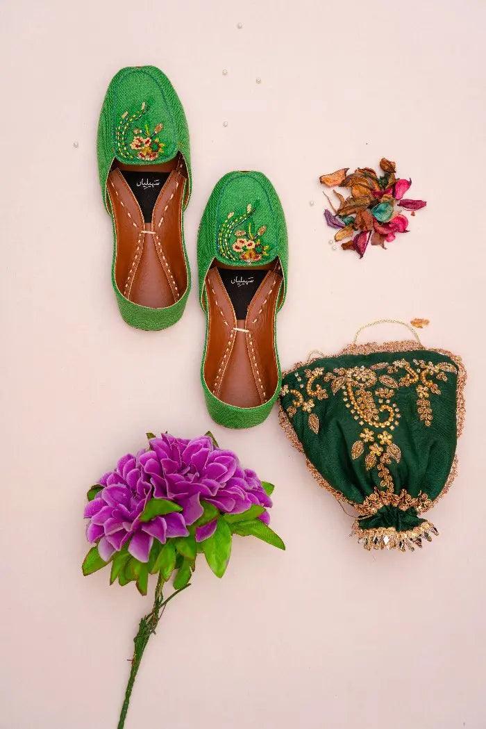 Buy lush green thread work with radiant green, yellow, and red cut dana Green loafer khussa in Pakistan