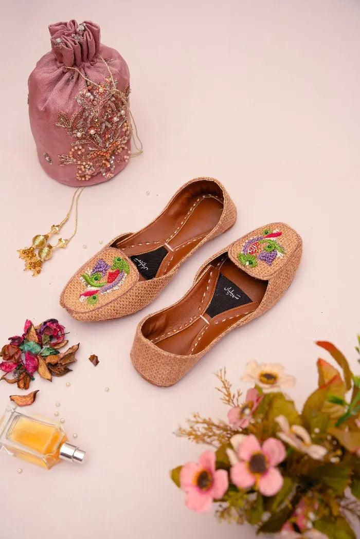 handcrafted badami loafer khussa embroidery work with threads of green, purple, and white for women