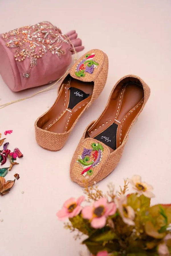 handcrafted badami loafer khussa embroidery work with threads of green, purple, and white for women