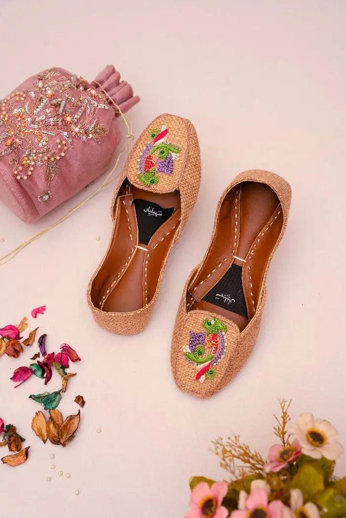 handcrafted badami loafer khussa embroidery work with threads of green, purple, and white for women