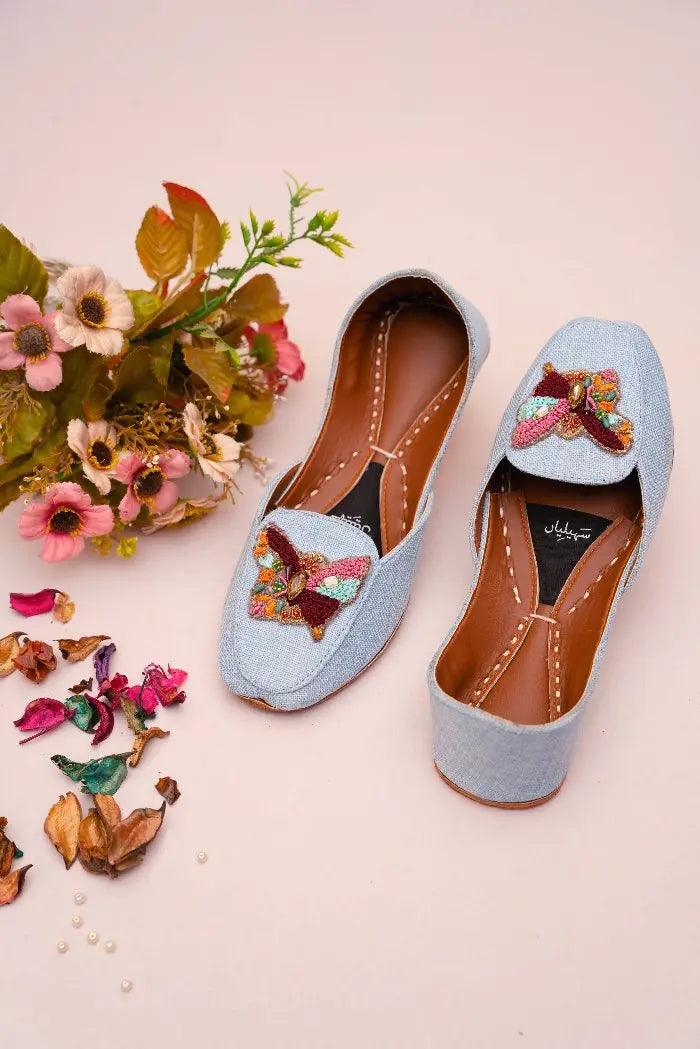 maroon, sky blue, and pink colour thread work butterfly sky blue loafer khussa for women