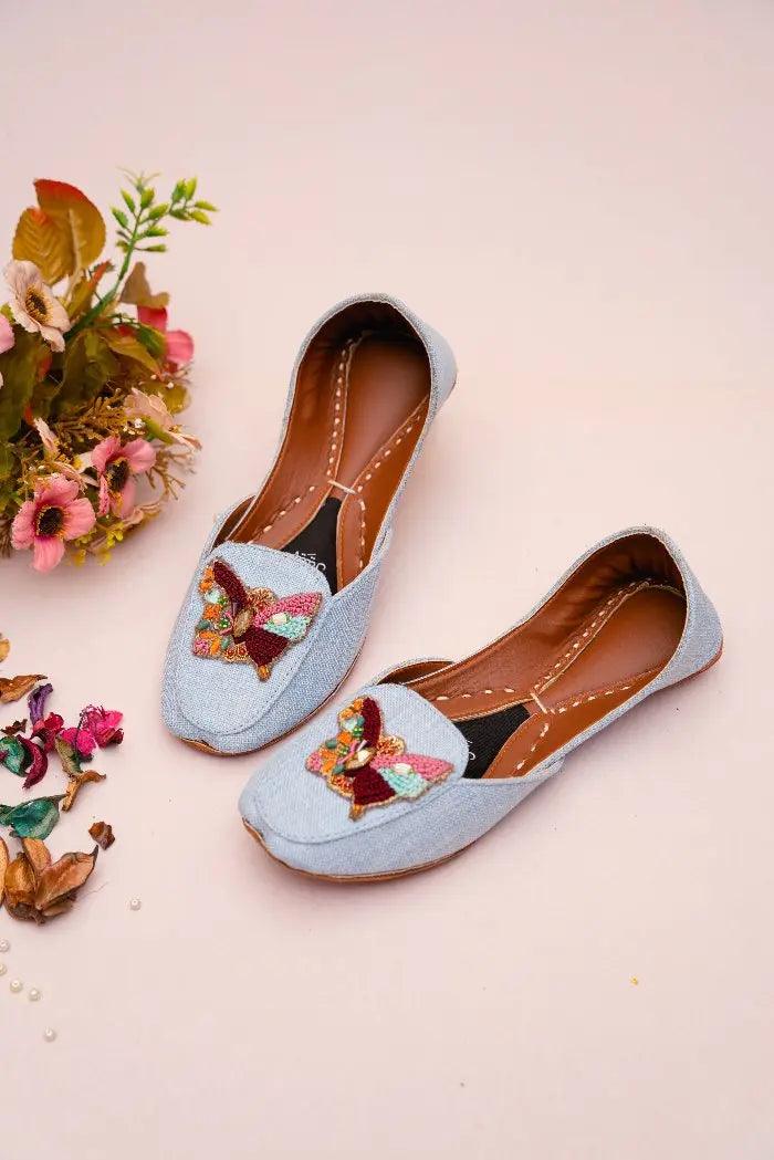 maroon, sky blue, and pink colour thread work butterfly sky blue loafer khussa for women