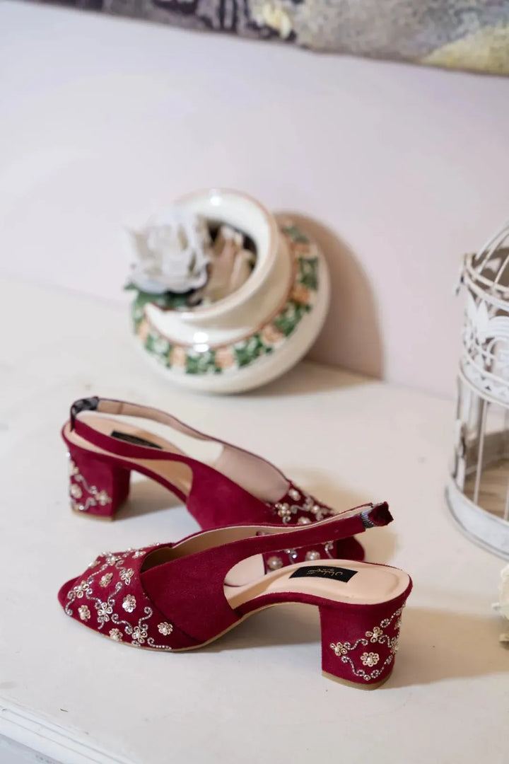 velvet embroidered mid block heel