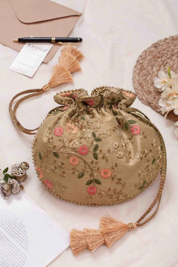 Floral Creeper Gold Potli bag - Saheliyan (سہیلیاں)