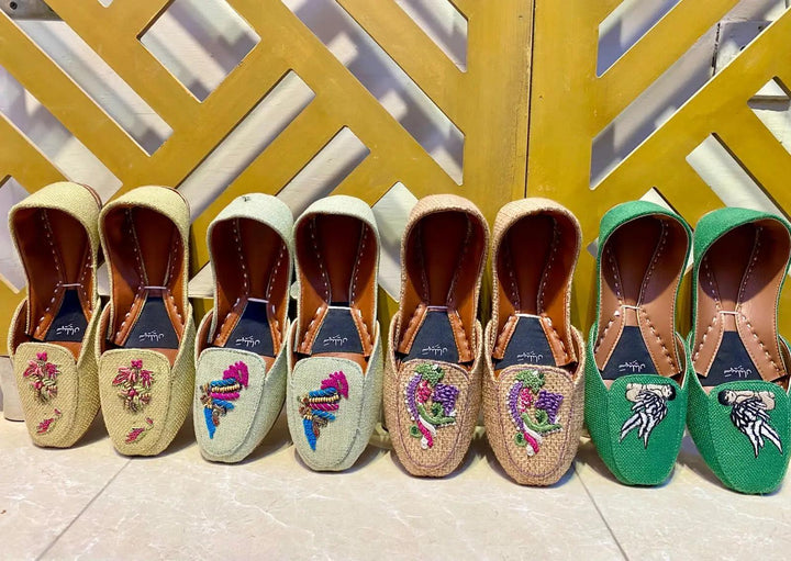 handcrafted badami loafer khussa embroidery work with threads of green, purple, and white for women