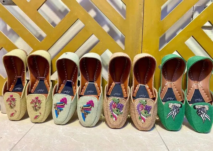 handcrafted badami loafer khussa embroidery work with threads of green, purple, and white for women