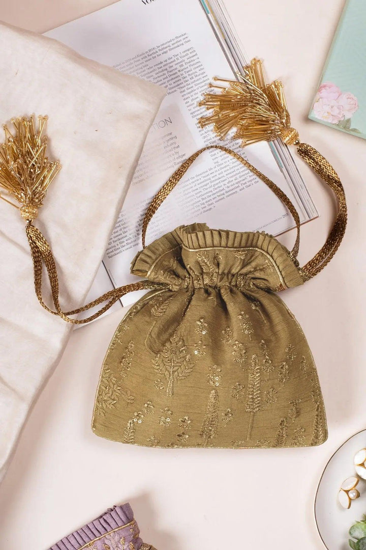 Arbre Silk Potli bag - dull gold - Saheliyan (سہیلیاں)