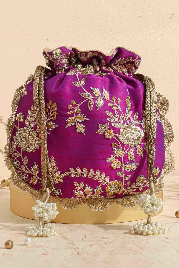 Purple embroidered scallop potli bag - Saheliyan (سہیلیاں)